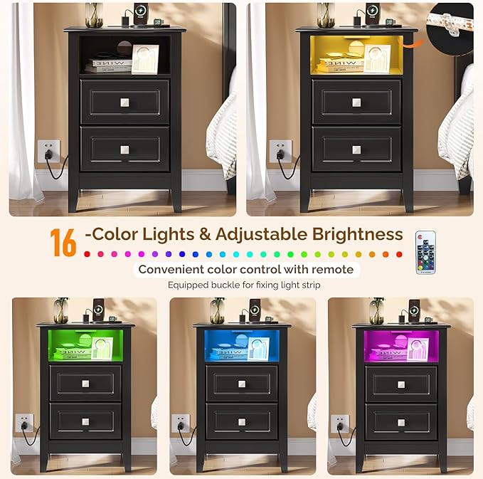 Bonnlo Black Nightstand Set of 2
