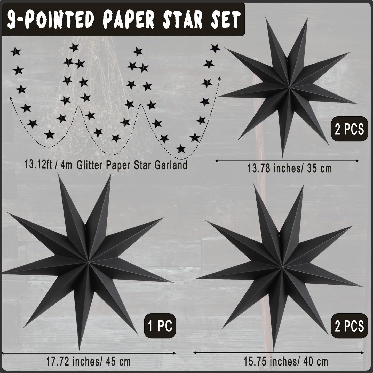 WNSIRVY 5 Pack 9-Pointed Large 3D Paper Star Lanterns with Glitter Star Garland Black Hanging Star Lanterns Lampshade for Halloween Christmas Themed Party Home Wedding Birthday Decorations (Black)
