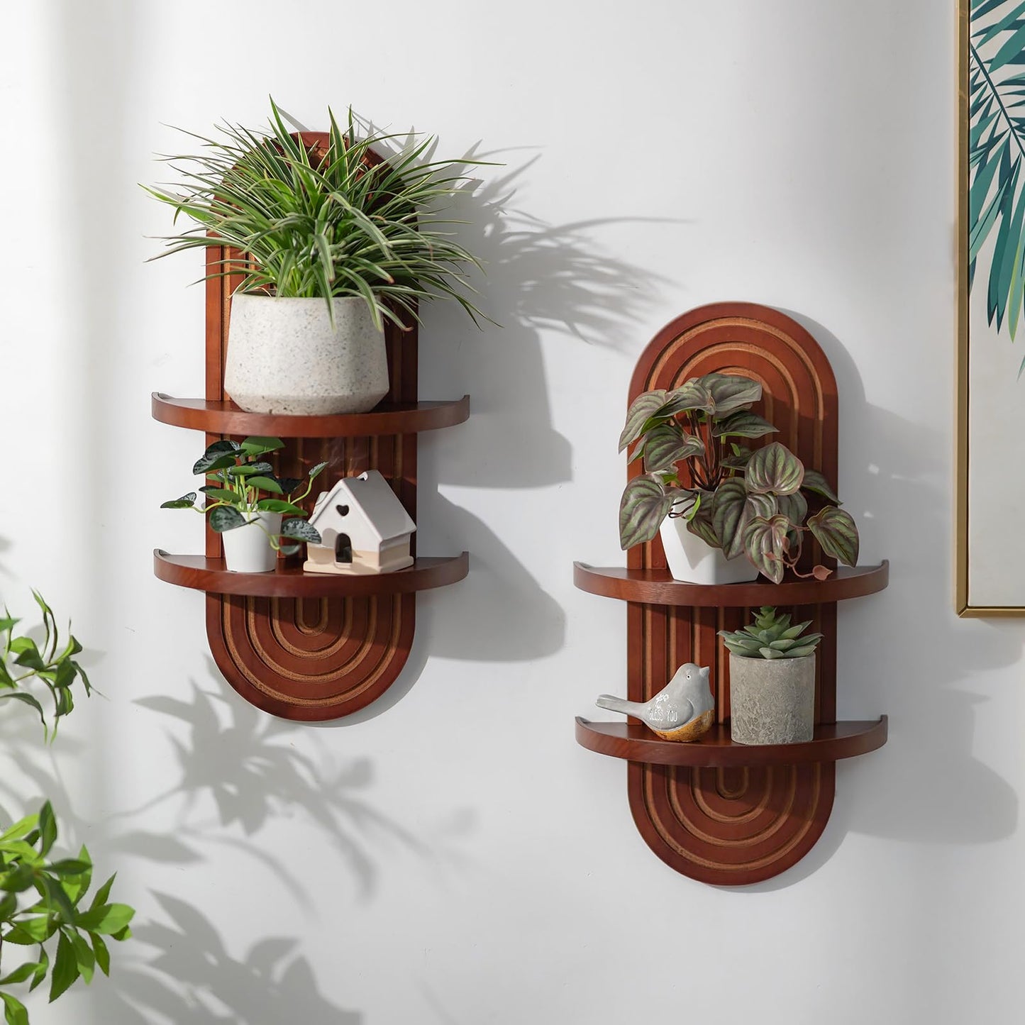 Walasis Mid Century Wall Shelves with Ledge: 22inch Large 2-Tier Walnut Boho Floating Shelves Arched Modern Wall Decor for Bathroom Bedroom Living Room Entryway