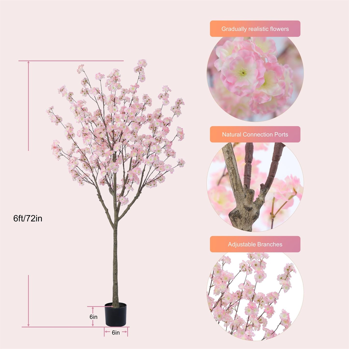 Nafresh Tall Artificial Cherry Blossom Tree 6Ft(72'), Realistic Potted Silk Faux Cherry Blossom, Indoor/Outdoor for Home, Office, Living Room, Bedroom, Porch