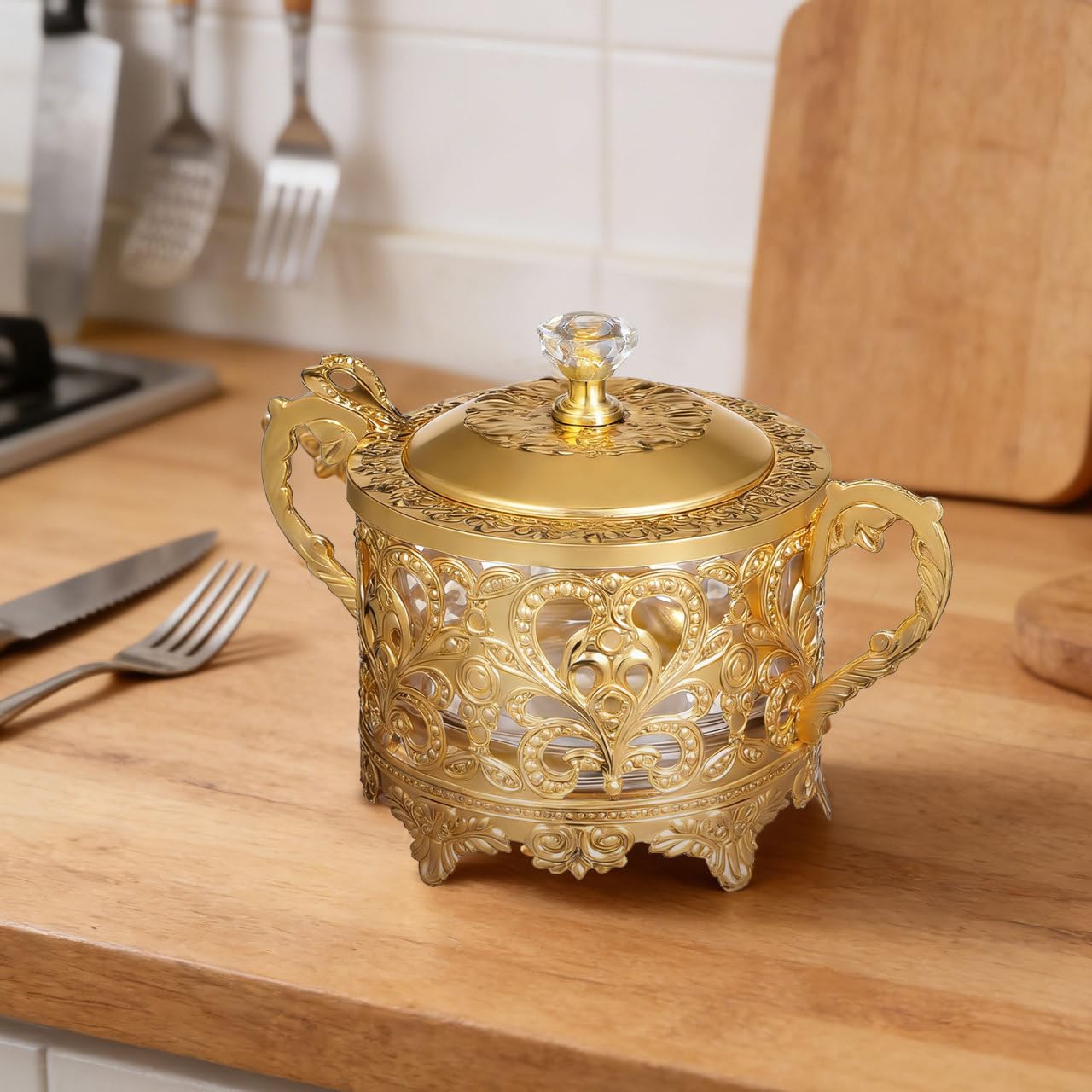 Sugar Bowl, 2 Sets Turkish Sugar Bowl with Lid and Spoon Condiment Pots Seasoning Box Golden Embossed Glass Candy Jar Coffee Bar Accessories