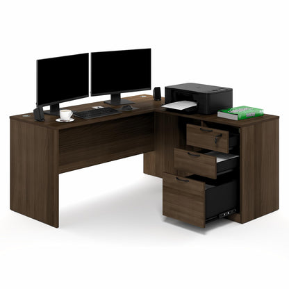 Furinno Roger 60 Inch L-Shaped Executive Desk with File Cabinet, L-Shaped Office Desk with 3-Drawer Fixed Pedestal Filing Cabinet, Desk Cord Grommet, for Home Office, Modern Walnut