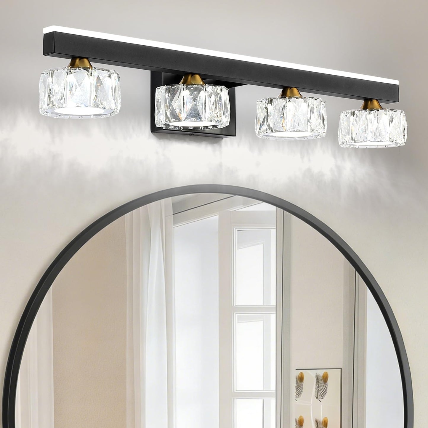 BrkNit Black Crystal Bathroom Vanity Light Fixtures Over Mirror for Bathroom Lighting (4 Lights)