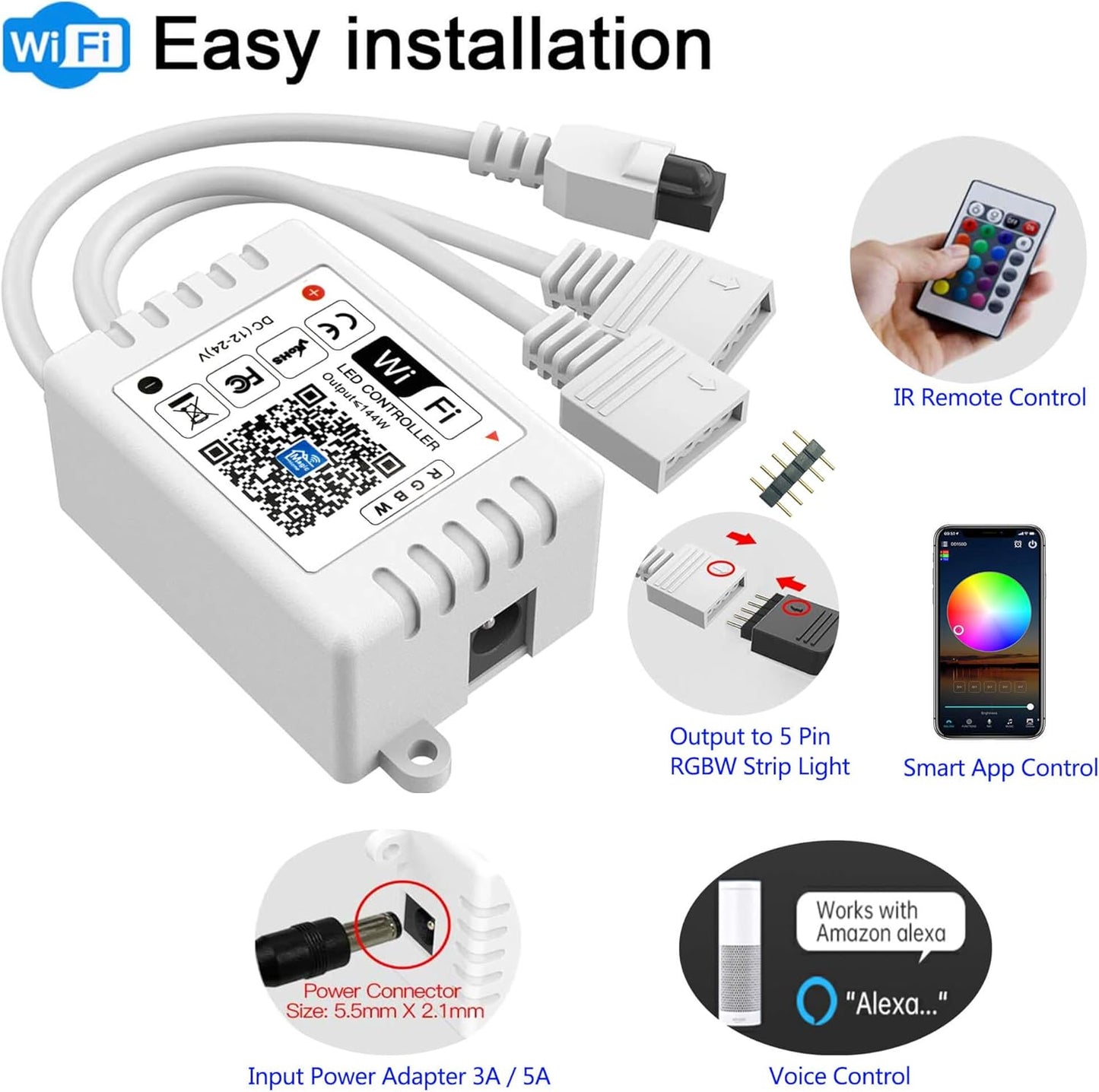 GIDEALED Smart WiFi RGBW LED Controller 2-Output 5 Pin with 24-Key Remote,Compatible with Alexa&Google Assistant,Voice/APP Control Strip Lights for Android/iOS System(WiFi LED Controller Only)