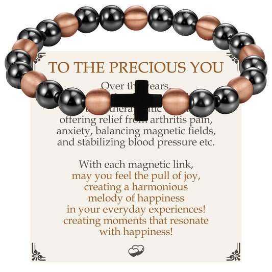 Feraco Pure Copper Magnetic Bead Bracelet for Men Women with Cross, 8mm 99.99% Solid Copper & 3500 Gauss Magnetic Hematite Beads, Unisex Stretch Wristband, Gift-Ready Jewelry