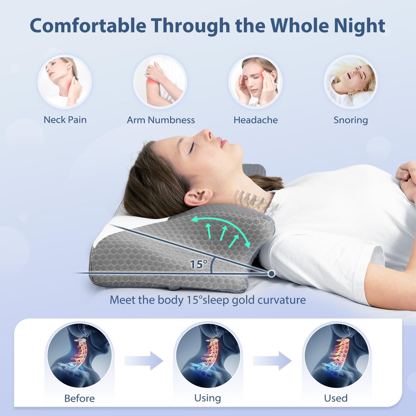 HOMCA Cervical Pillow, Ergonomic Memory Foam Pillow for Neck and Shoulder Pain Relief with Cooling Ice Silk Pillowcase, Orthopedic Neck Bed Pillow for Side, Back and Stomach Sleepers