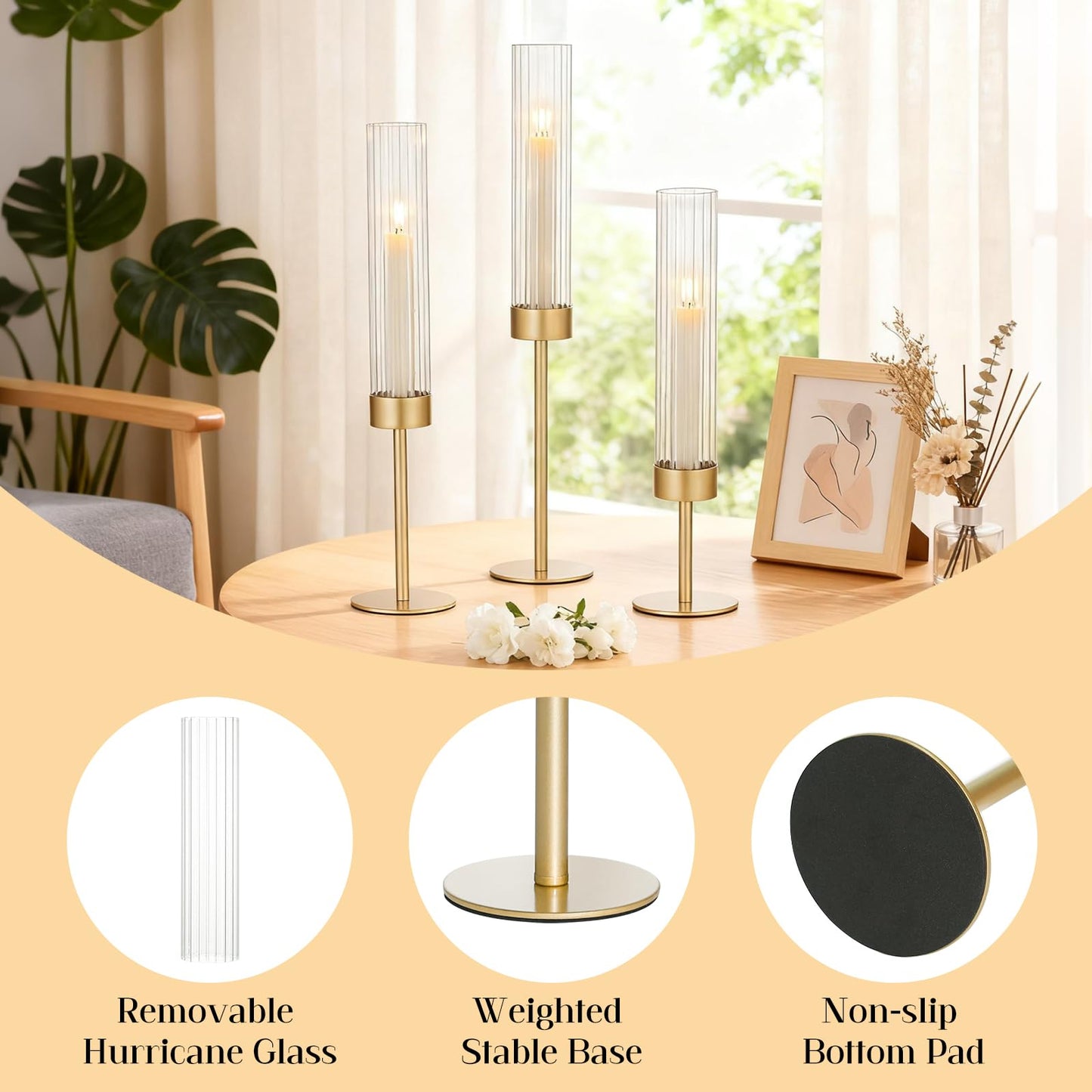 Turvono Gold Hurricane Candle Holders Set of 3, Brass Taper Candle Holders for Candlesticks, Elegant Tall Candle Sticks Holder Decor for Table Centerpiece, Wedding & Christmas Decorations