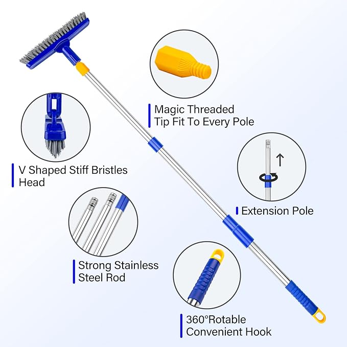 ITTAR Grout Brush with Long Adjustable Handle, Swivel Scrub Brush, V-Shape