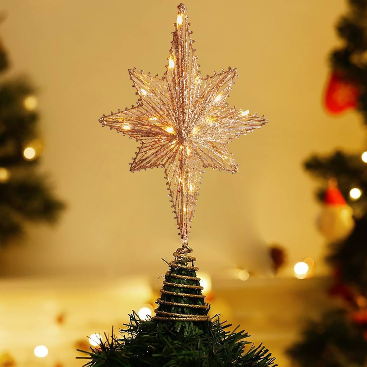 Christmas Tree Topper 15" Golden Glittered Star Tree Topper with 30 LED Lights Xmas Tree Topper Star for Xmas Decorations Ornaments Holiday Party Indoor Decor