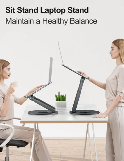 tounee Telescopic Laptop Stand for Desk with 360° Swivel Base, Sit to Stand, Height Adjustable, Portable Riser Holder for Good Posture, Compatible with MacBook Pro, All Laptops 10-17"-Gray