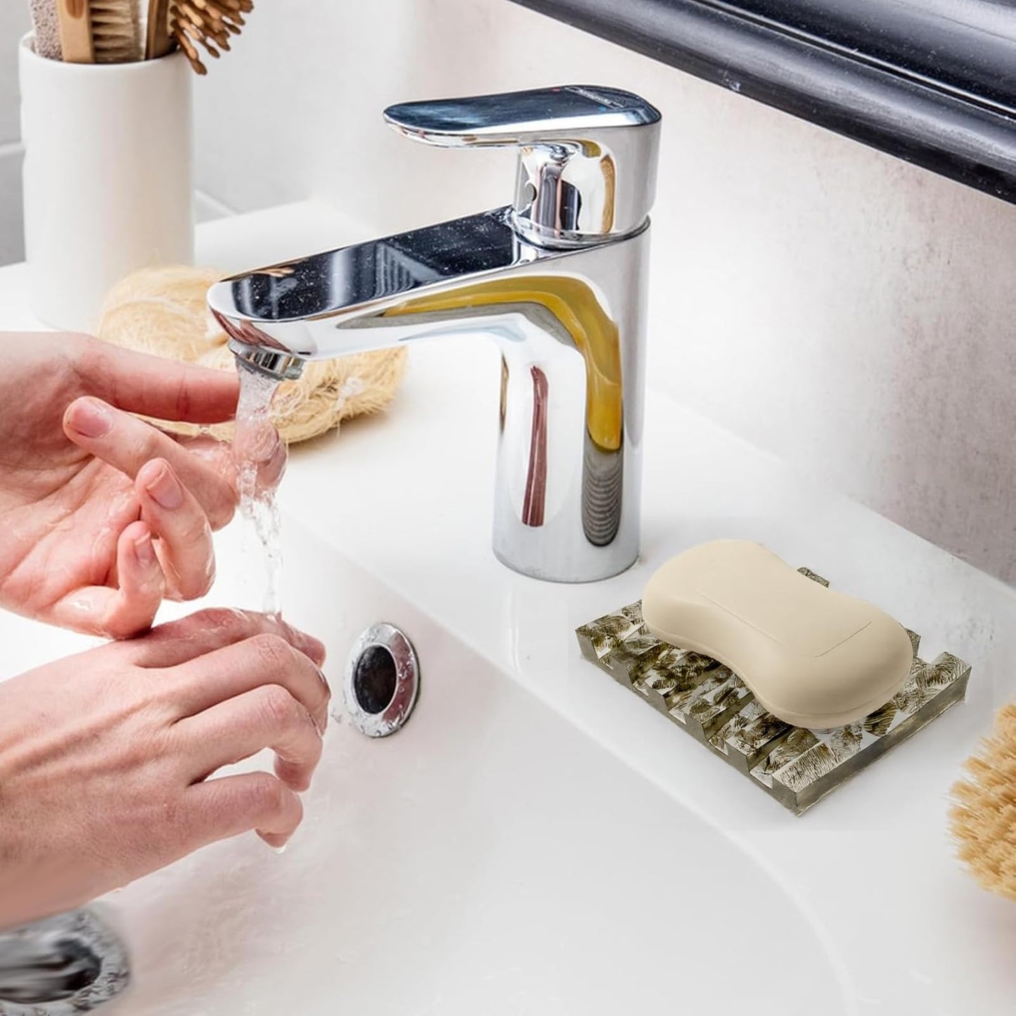 KUHPLOVE Soap Dish Rectangular Draining Holder with Natural Green Inclusions Handcrafted Bathroom Tray Modern Decor Accessory 4.33 x 2.99 x 0.59 Inches (Hair Crystal Double Drain Soap Rack)