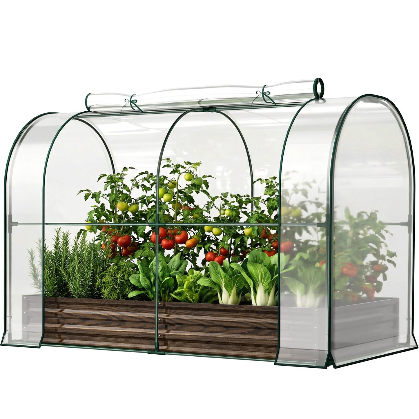 SUNYRISY Galvanized Raised Garden Bed with Greenhouse, Outdoor Metal Planter Box with Plant Bed Cover, Garden Box Protection for Gardening Vegetables Flowers Herbs Planting, Wood Grain