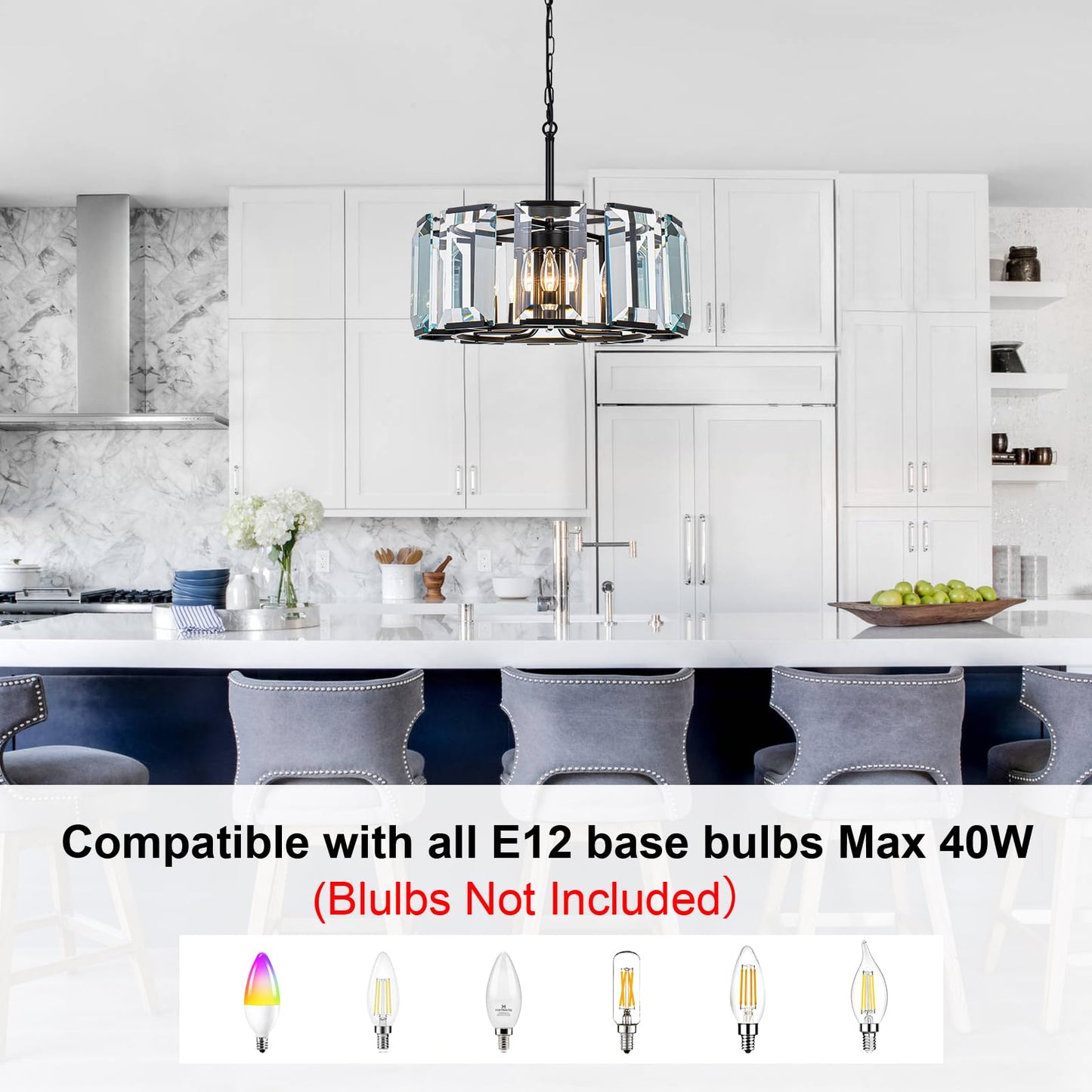 ASHUAQI 20" Modern Crystal Chandelier for Dining Room, 5-Light Black Glass Chandelier, Round Crystal Pendant Light Fixture for Kitchen Island Living Room Entryway Foyer Hallway