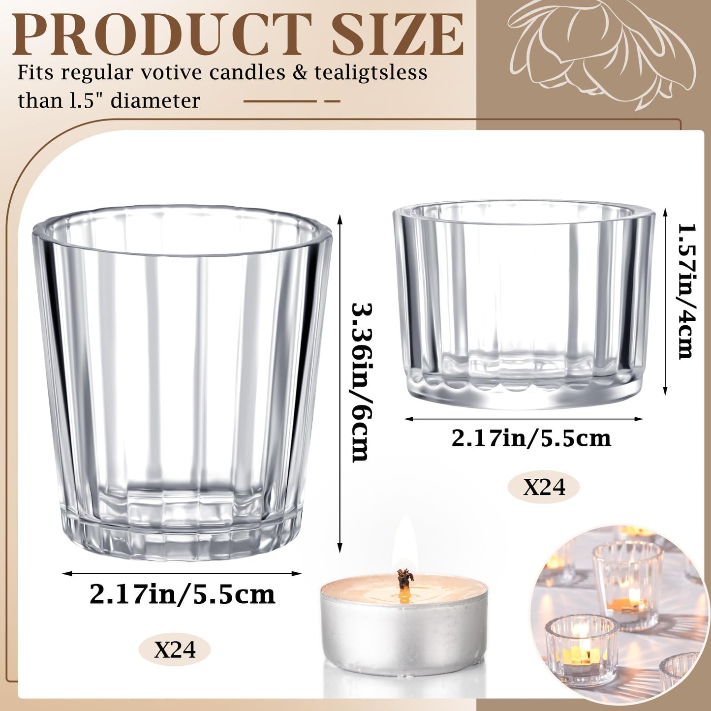 Mumufy 48 Pcs Assorted Votive Candle Holder Ribbed Clear Glass Tea Lights Candle Holder for Table Centerpiece Wedding Home Festival Party Decoration