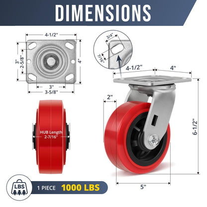HANDSAMMU 5 inch Industrial Casters-Polyurethane on Polypropylene Swivel Casters, Heavy Duty Casters with 1000 lb Capacity, Caster Wheels for Toolbox, Workbench, Industrial Equipment(2 Pack Swivel)