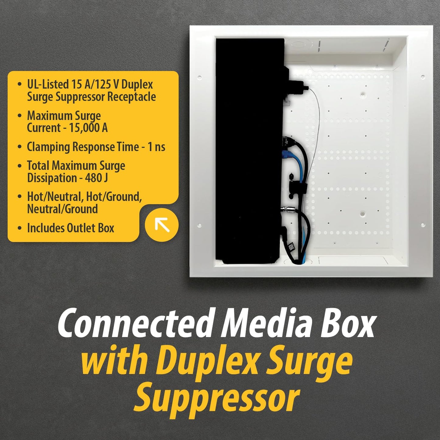 DataComm Electronics Connected Media Box with 15 A/125 V Duplex Surge Suppressor Receptacle, In-Wall Cable Management Box for Power Source & Cables, DIY-Friendly Cord Hider for Wall-Mounted TV