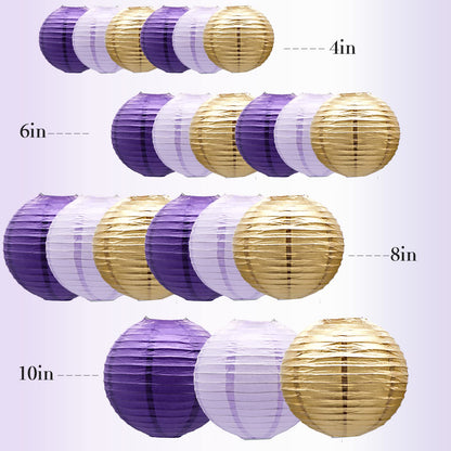 ADLKGG Paper Lanterns Decorative, Round Hanging Lanterns Party Supplies for Graduation Bachelorette Gender Neutral Baby Shower Birthday Party Decorations Purple/Lavender/Gold 21pcs