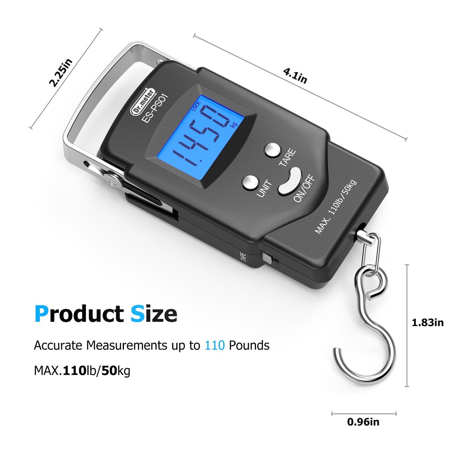 Dr.meter Fish Scale Luggage Scale - PS01 110lb/50kg Backlit LCD Display Digital Scale with Built-in Measuring Tape - Fishing Scale with 2 AAA Batteries, Pocket Size - Fishing Gifts for Men