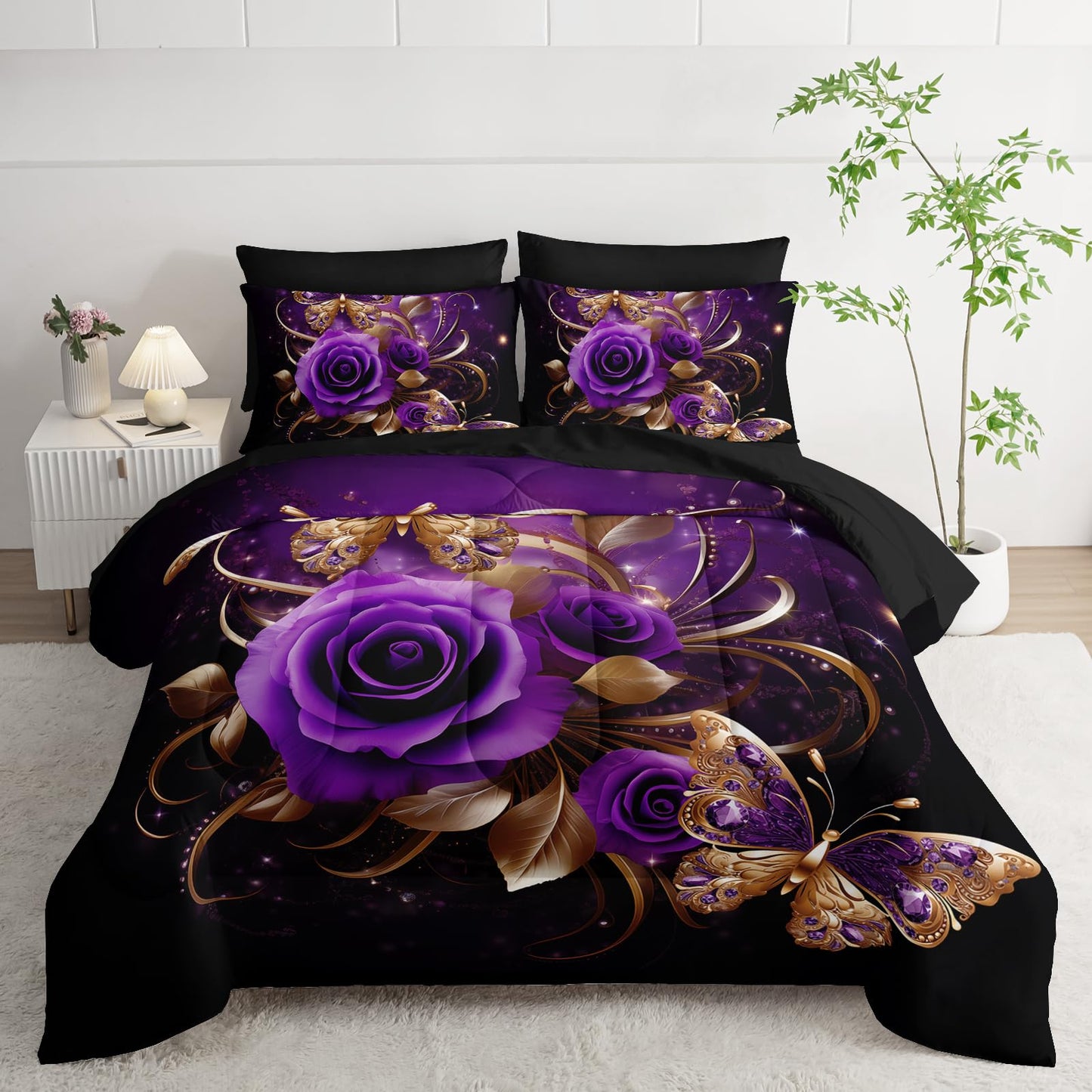 AILONEN Gold Purple Rose Flower Comforter Set Twin - 7Pcs Soft Floral Butterfly Bed in a Bag -Girls Rose Comforter,Fitted Sheet,Flat Sheet,2 Pillowcases,2 Pillow Shams for Women