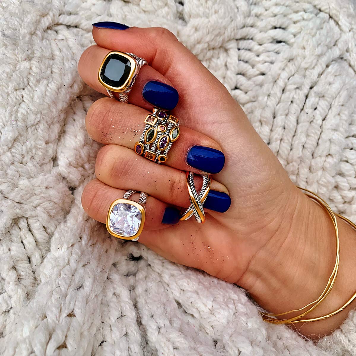 UNY JEWEL Twisted Cable Wire Two Tone Cusion Cut CZ Statement Ring Designer Inspired Fashion Love Antique Women Jewelry Gift (Yellow, 7)