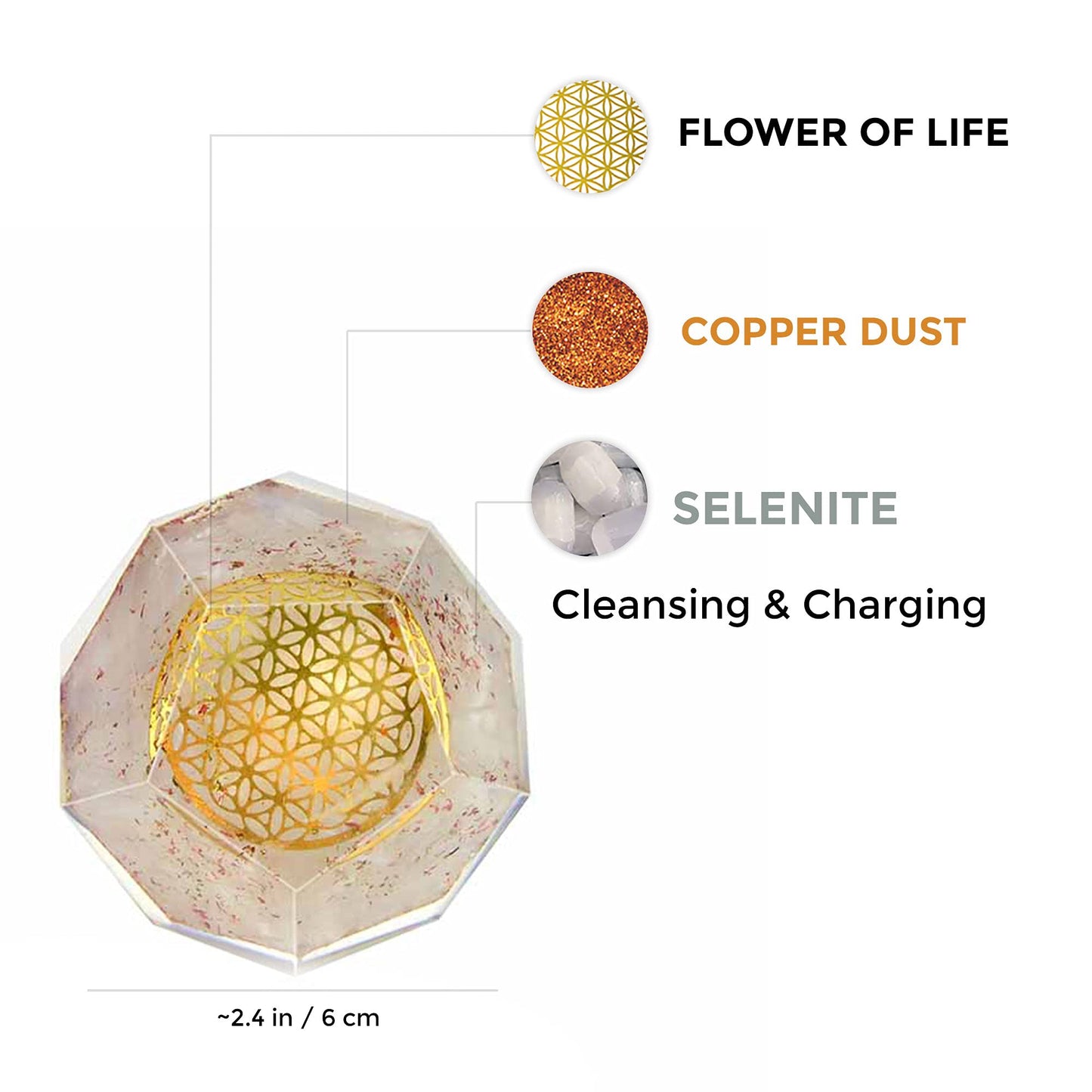 Orgonite Crystal Selenite Dodecahedron - Orgone Energy Generator Healing Chakra Stone with Flower of Life Design for Spiritual Balance, Meditation, Yoga, Reiki, Office and Home Décor