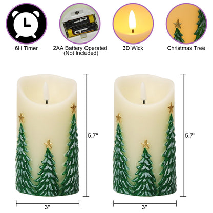 Eldnacele Christmas Flameless Candles with 6 Hour Timer Battery Operated Hand Painted Christmas Tree Real Wax 3D Wick Flickeirng LED Pillar Candle for Dinner Indoor Holiday Xmas Decor(2Pcs,D3×H5.7)