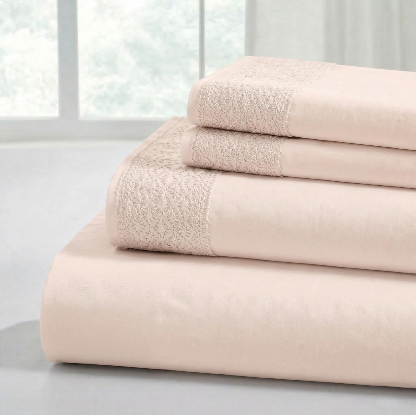 Modern Threads 3 Piece Microfiber Sheet Set – Soft Cooling Bed Sheets with Crochet Lace – Deep Pocket, Wrinkle Free, Breathable, Hotel Luxury Bedding, Blush Pink, Twin