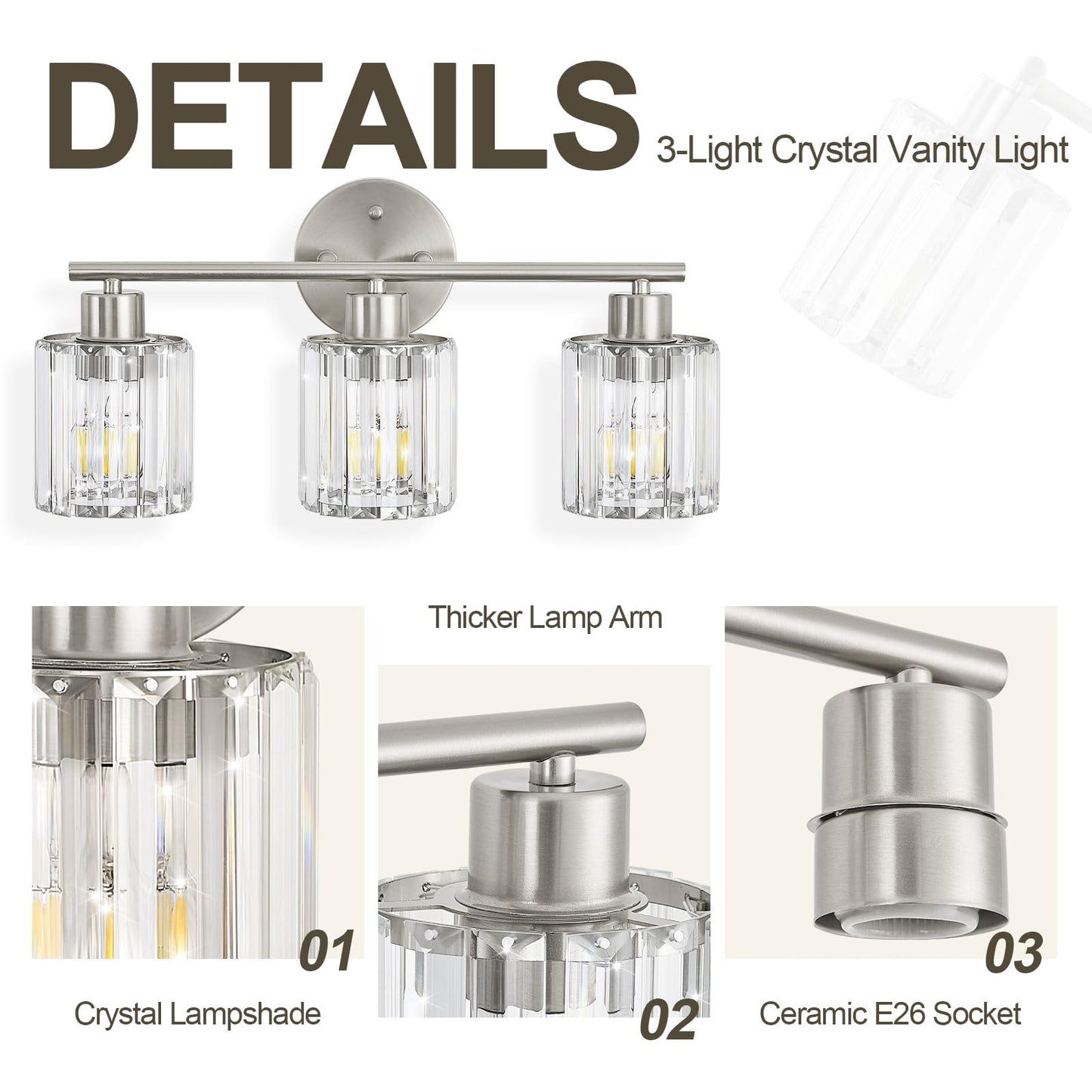 Kvhiiw Crystal Bathroom Light Fixtures, Bathroom Lighting Fixtures Over Mirror, Modern 3-Light Brushed Nickel Vanity Lights for Mirror, Restroom, Kitchen(Ceramic E26 Socket,Bulbs Not Include)