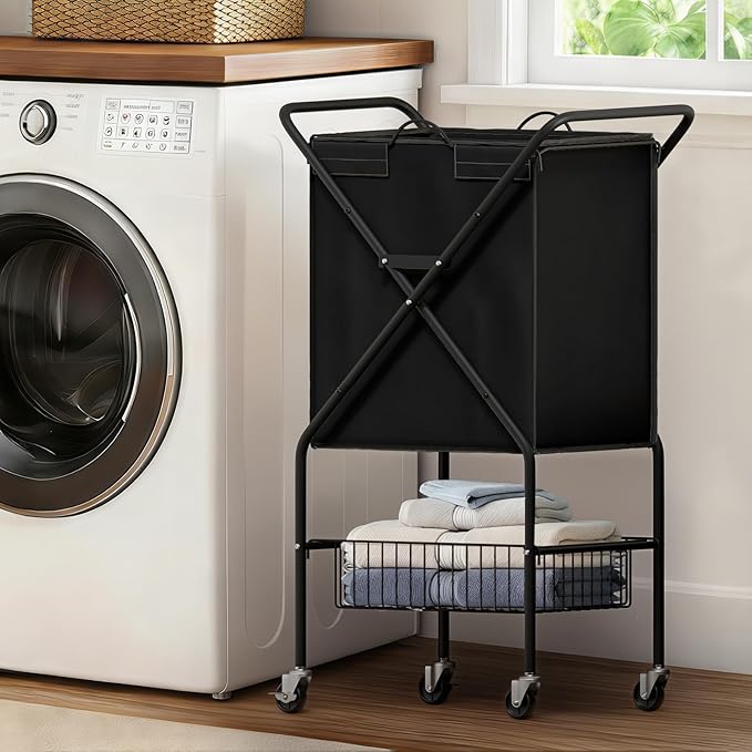 Laundry Basket with Wheels:88L Rolling Laundry Cart Foldable Metal Frame Dirty