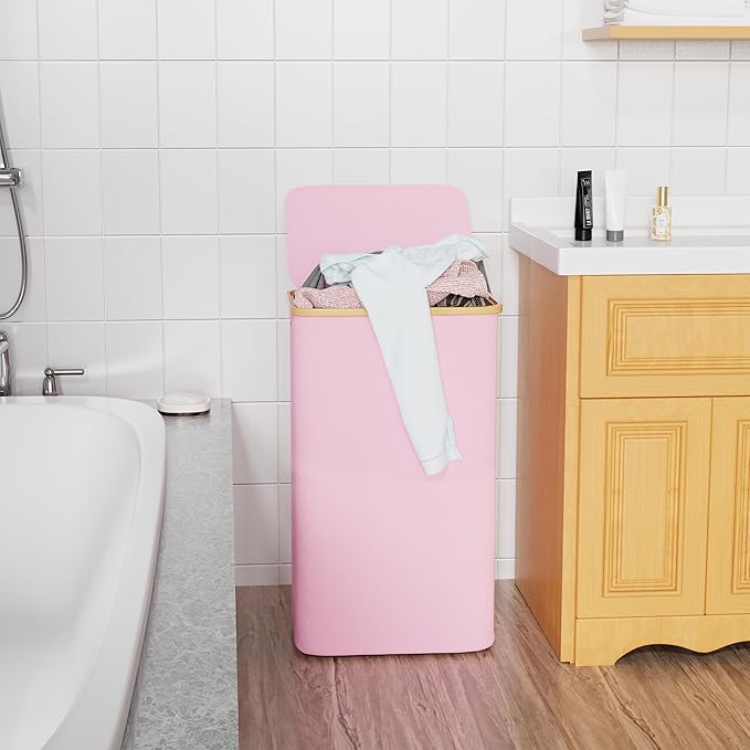 SUOCO Laundry Hamper with Lid, 29 Gal Clothes Basket with Bamboo Handles