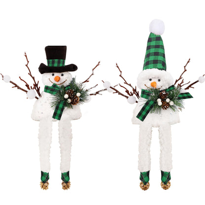 Lulu Home Christmas Snowman Decorations, Set of 2 Plush Shelf Sitters with Dangling Legs, Black & Green Checked Snowman Ornaments for Table Mantel Desk Fireplace Home Holiday Decor