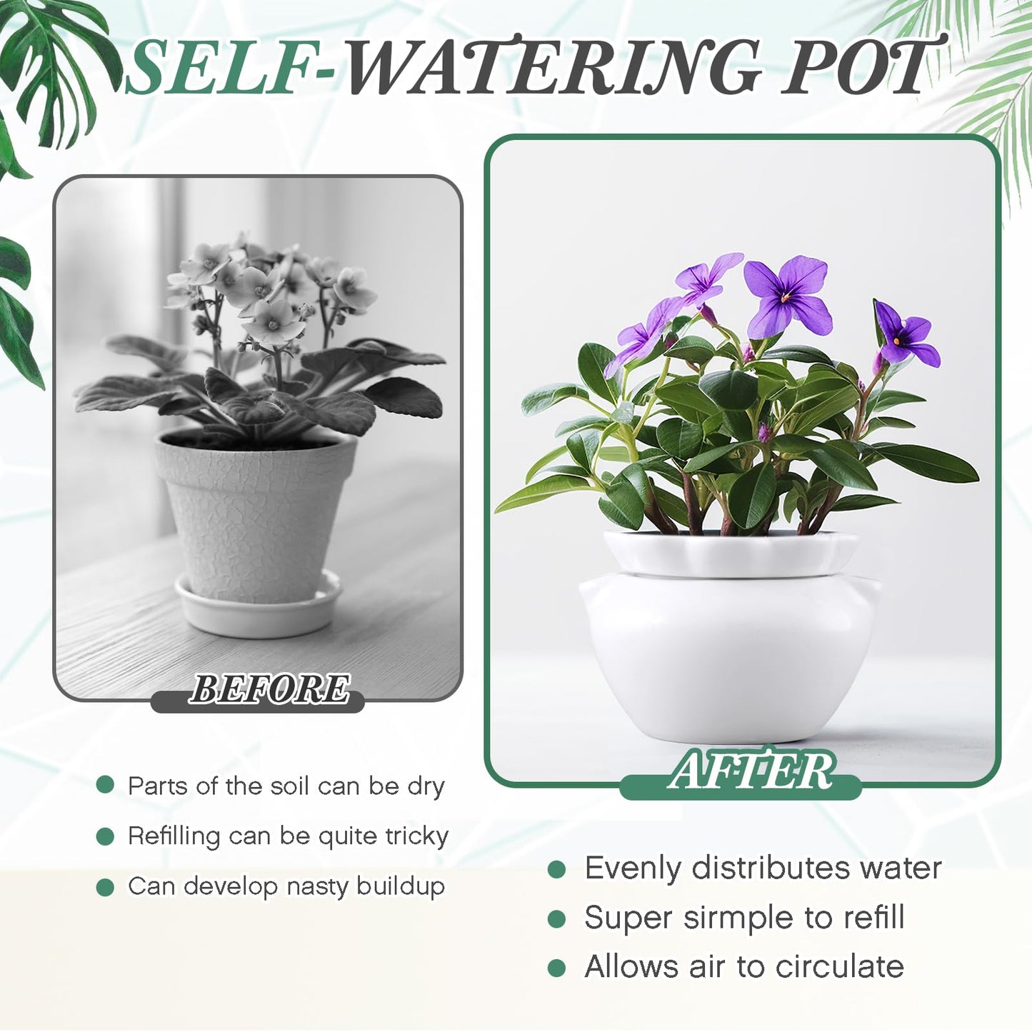 Sunnychicc 4 Set 6 Inches African Violet Pots Self Watering White Ceramic Pot for Indoor Plants, Flowerpot with Highly Absorbent Inner Pot for Busy Plant Lovers,Plant Care