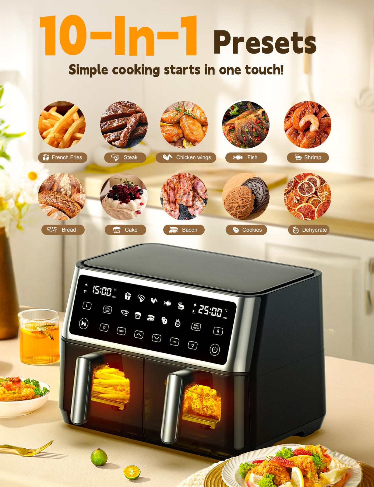 10L Dual Air Fryer, 2 Nonstick Drawers with Visible Window,10-In-1 Cooking Presets, Sync Cook & Finish, Smart Touch Screen, 1-24H Timer Function, Uses No Oil& Max Crisp, 50℃ to 200℃, Dishwasher Safe