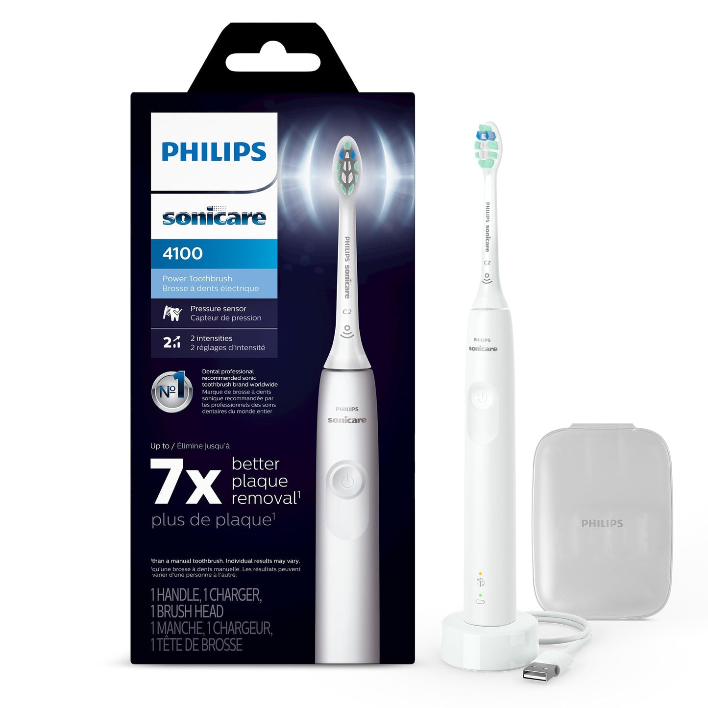 Philips Sonicare 4100 Rechargeable Electric Toothbrush, with Pressure Sensor, 2 Intensity Settings, SmarTimer and QuadPacer, 14-Day Battery Life, Deep Pink, Model HX3681/26