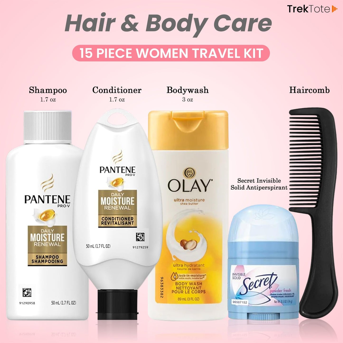 Trektote Travel Toiletry Kit For Women – 15 Piece Set of Travel Size Toiletries, TSA Compliant, Travel Essentials, Includes Shampoo And Conditioner, Body Wash, Toiletry Bag & More