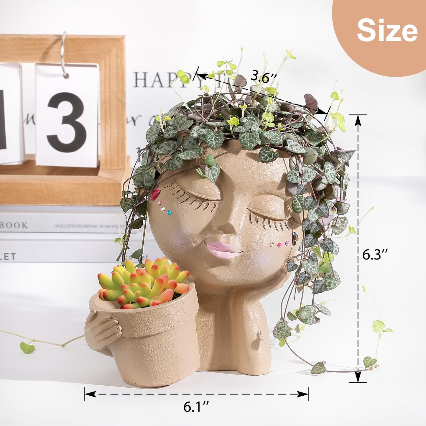 vomiceak Face Planters Pots Head Planter for Indoor Outdoor Plants - Cute Plant Pots for Flower Succulent with Drainage Hole - Gift Ideas for Mother (Khaki Lady)