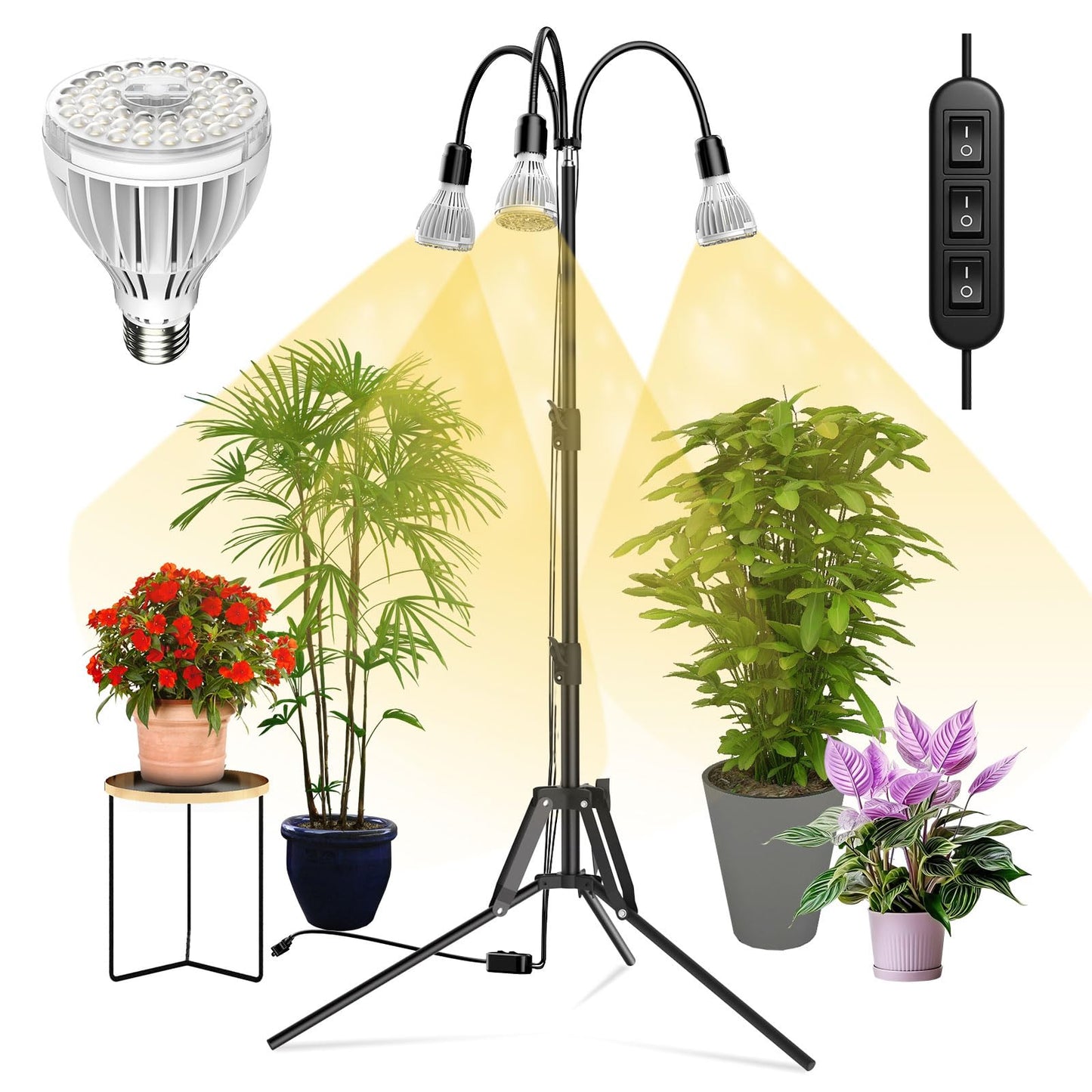 SANSI Grow Lights for Indoor Plants, 96W Full Spectrum Grow Light, No Dimmable 35-64 inches Detachable Tripod Standing Grow Lights, High PPFD 3 Pack of Par25 32W Bulb Plant Lights for Indoor Growing