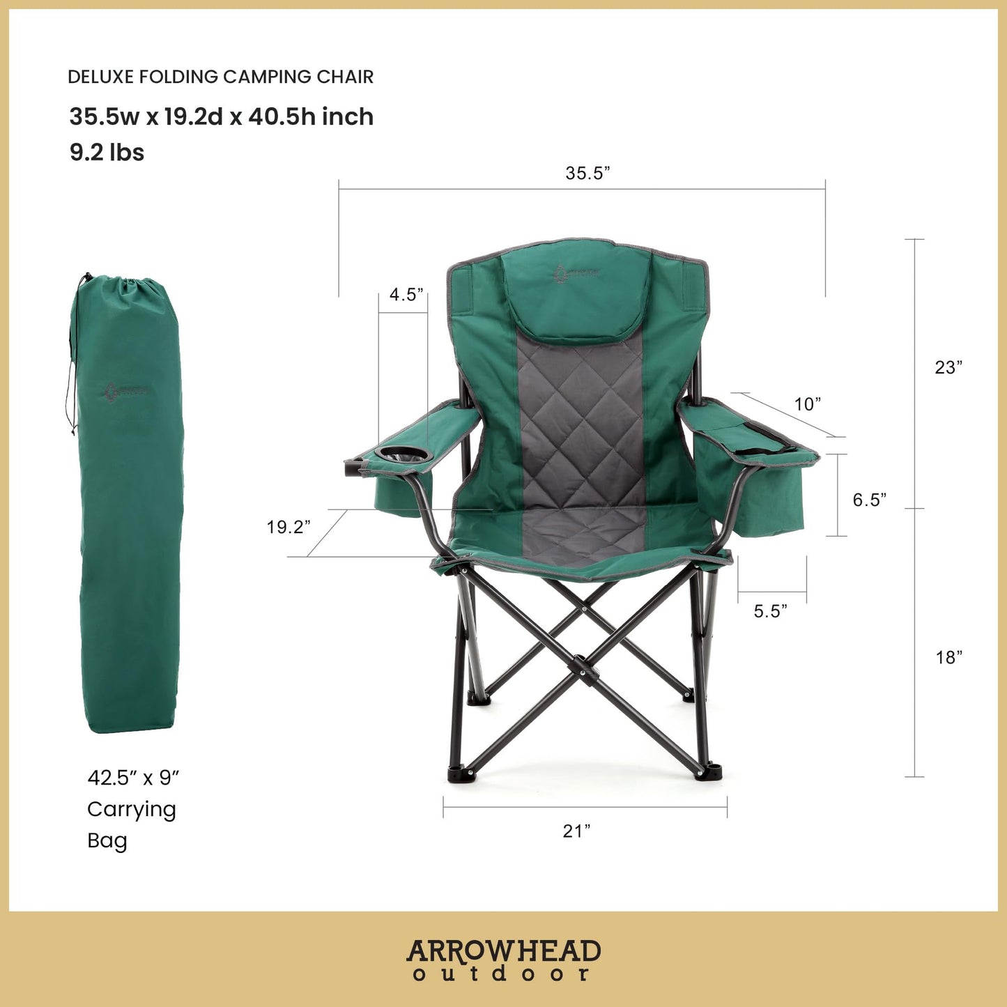 ARROWHEAD OUTDOOR 2-Pack Portable Folding Camping Quad Chair w/ 6-Can Cooler, Cup & Wine Glass Holders, Heavy-Duty Carrying Bag, Padded Armrests, Headrest & Seat, Supports up to 550lbs