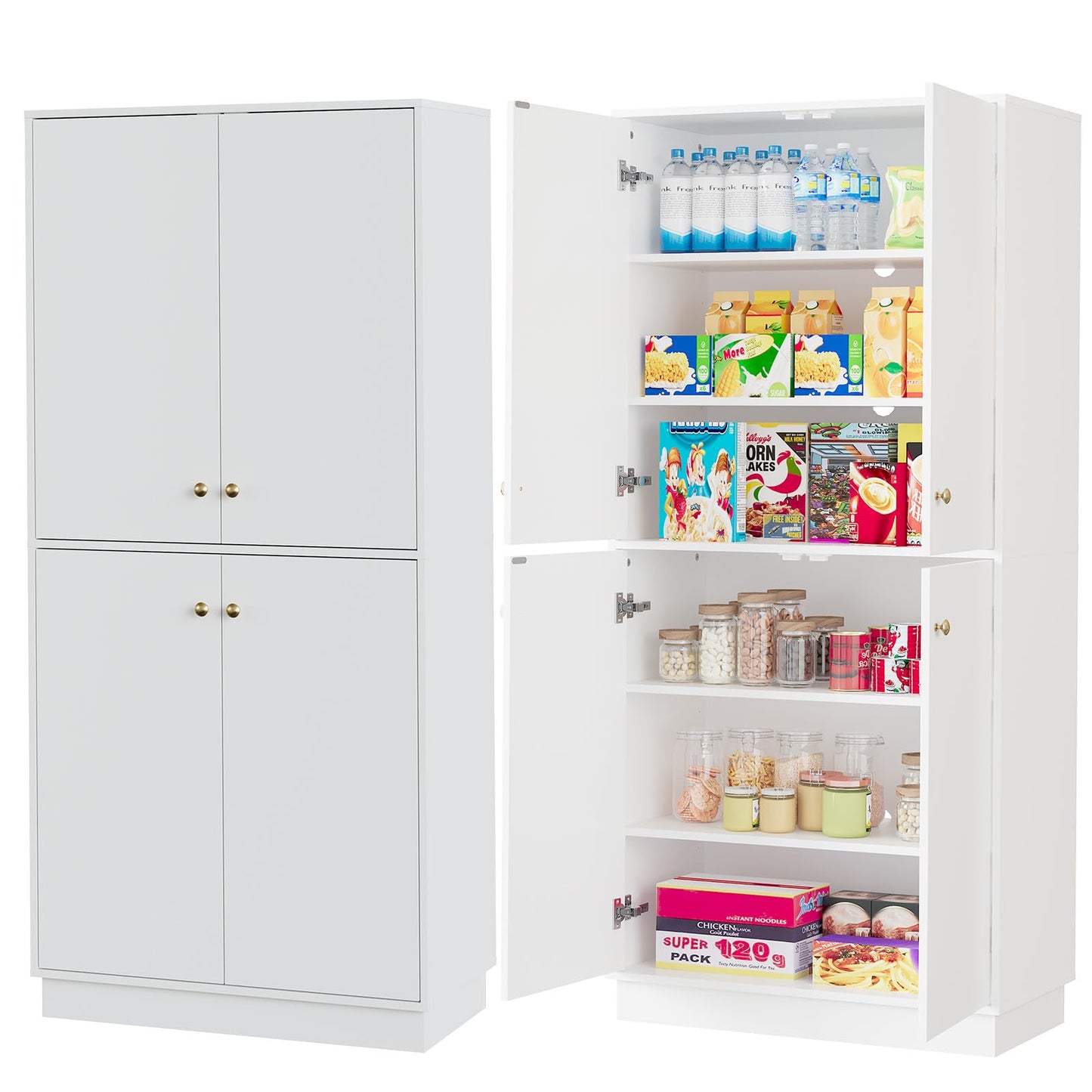 Garvee Kitchen Pantry Cabinet, 68'' Pantry Storage Cabinet with 4 Doors and 4 Adjustable Shelves, Wooden Freestanding Cupboard for Kitchen, Dining Room and Living Room and Bedroom, White