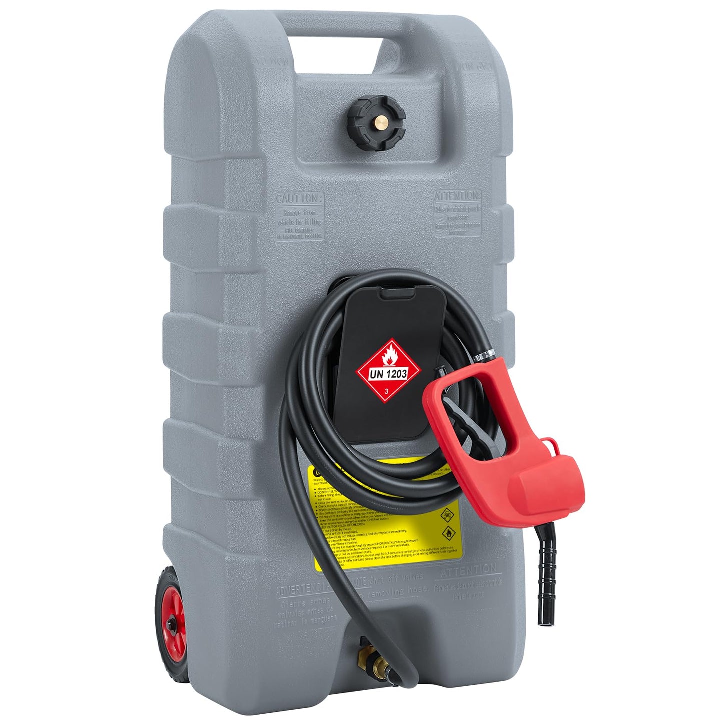 15 Gallon Gas Can with Manual Transfer Pump, Portable Fuel Caddy with Wheels & Carry Handle, 10 ft Hose, Heavy-Duty HDPE Fuel Transfer Tank for Gasoline Diesel Kerosene, Brass Shut-Off Valves, Gray