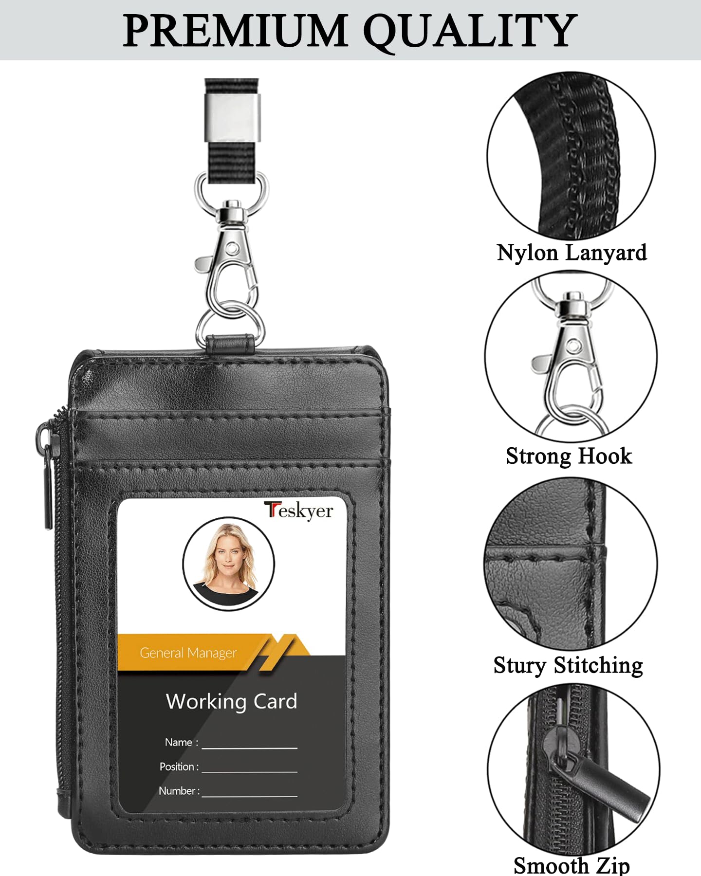 Teskyer ID Badge Holder with Lanyard, 1 Zip Pocket and 4 Card Slots, Lanyard ID Card Holder Wallet for Office School Work Badges, Cruise Ship Cards, Hotel Key Cards, Pass Cards - Black