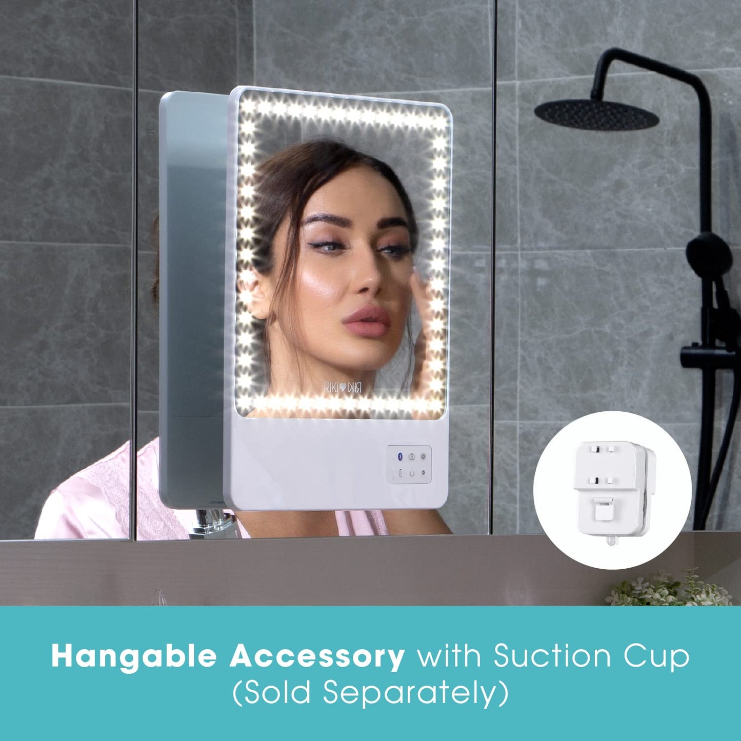 GLAMCOR Riki Skinny Smart Vanity Mirror with HD LEDs, Magnifying Mirror Attachment, Phone Holder and Bluetooth Control (White, 5X Magnification)