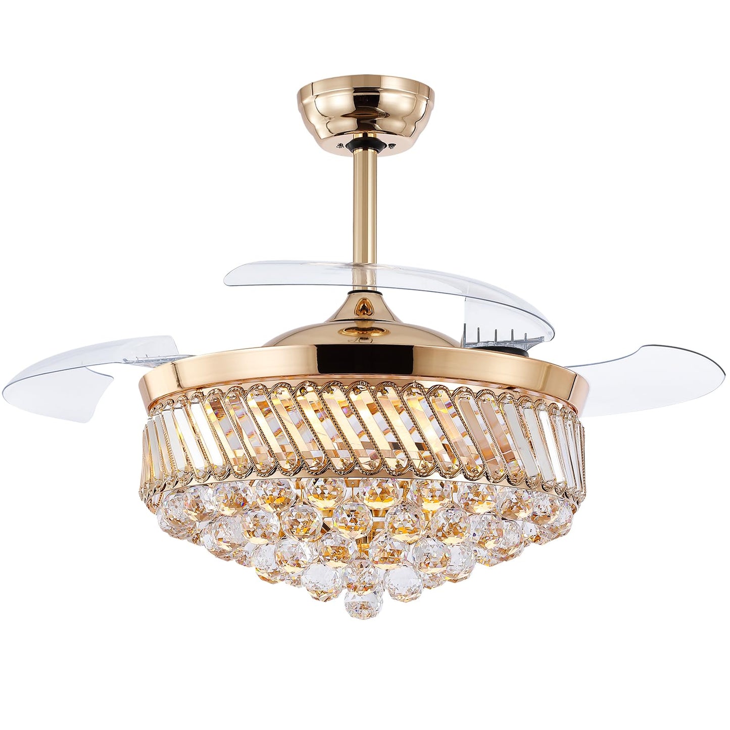 Asyko 48" Golden Crystal Ceiling Fans with Lights and Remote and APP, Modern Retractable Blades Ceiling Fan with 3 CCT for Living Room,Dining Room, Kitchen, Reversible