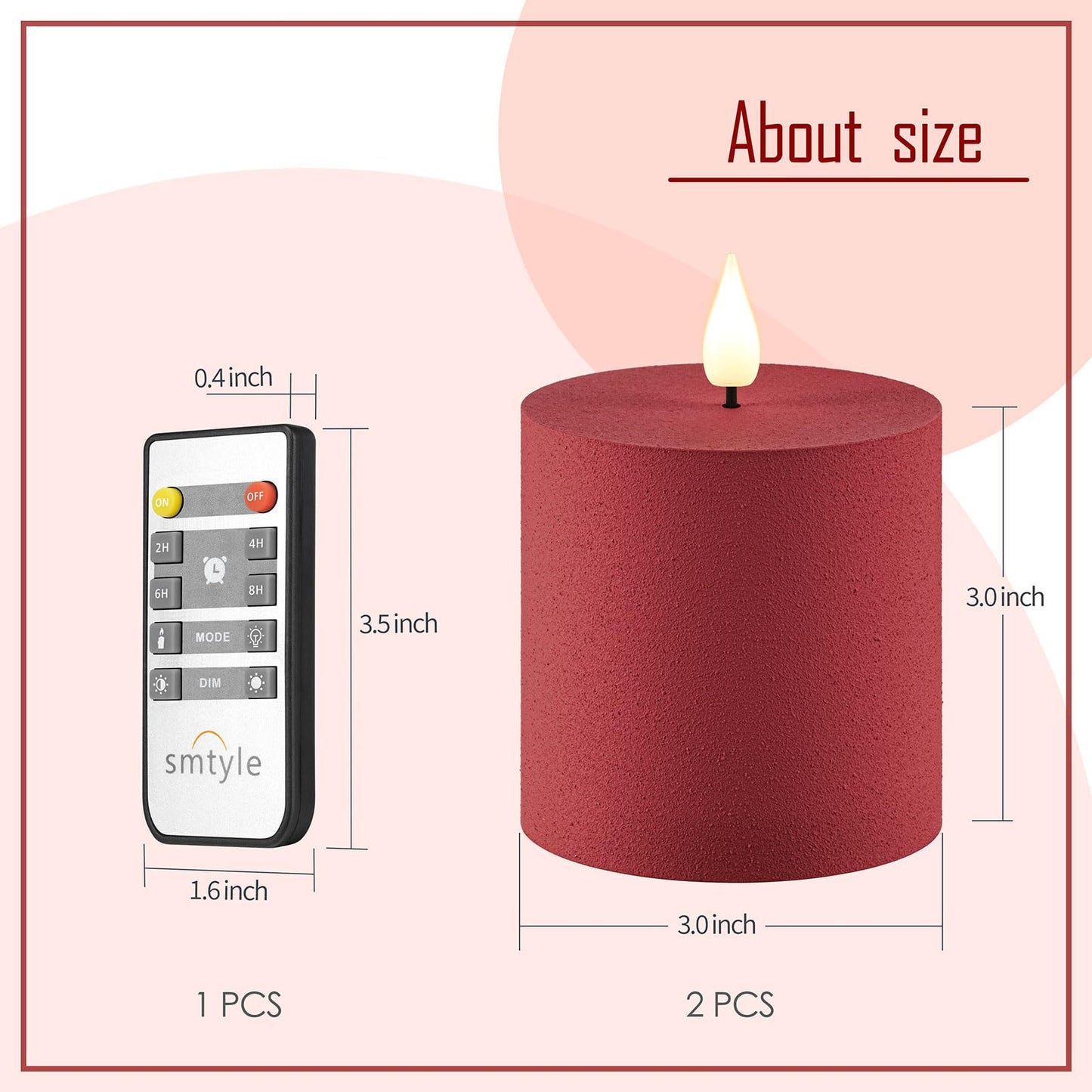smtyle 3x3 Red Pillar Candles Set of 2 Flameless LED Flickering Battery Operated with Remote and Timer for Christmas Decor