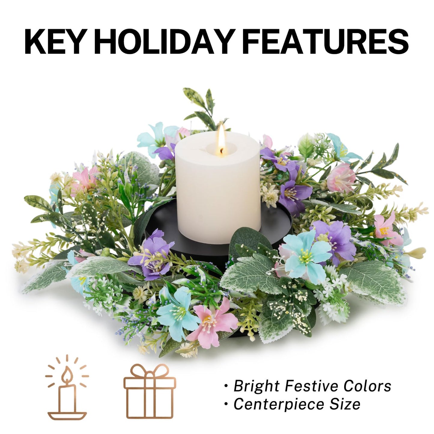 MOYEE Summer Centerpieces for Tables Wreath with Candle Holder,Candle Ring, Black Metal Candlestick with an Artificial Wreaths 14 in Versatile Dining Table Centrepiece (Blue and Purple Flower Wreath)