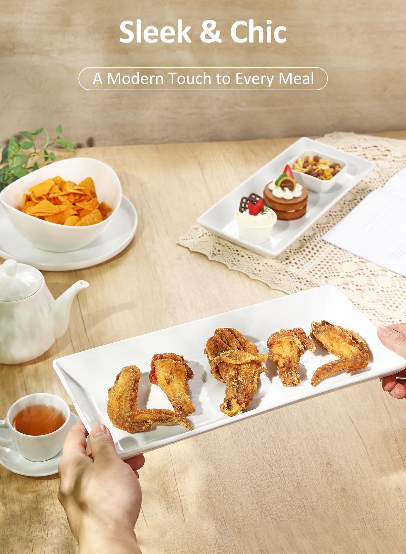 Yedio 14” White Porcelain Serving Platters, Elegant Large Rectangular Plates Trays for Dinner Parties, Appetizers, Sushi, Desserts & More, Microwave & Dishwasher Safe, Set of 4