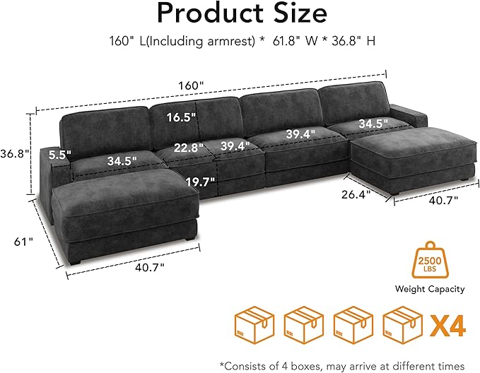 Vipbear 160" Oversized Modular Sectional Sofa, U Shaped Couch Set
