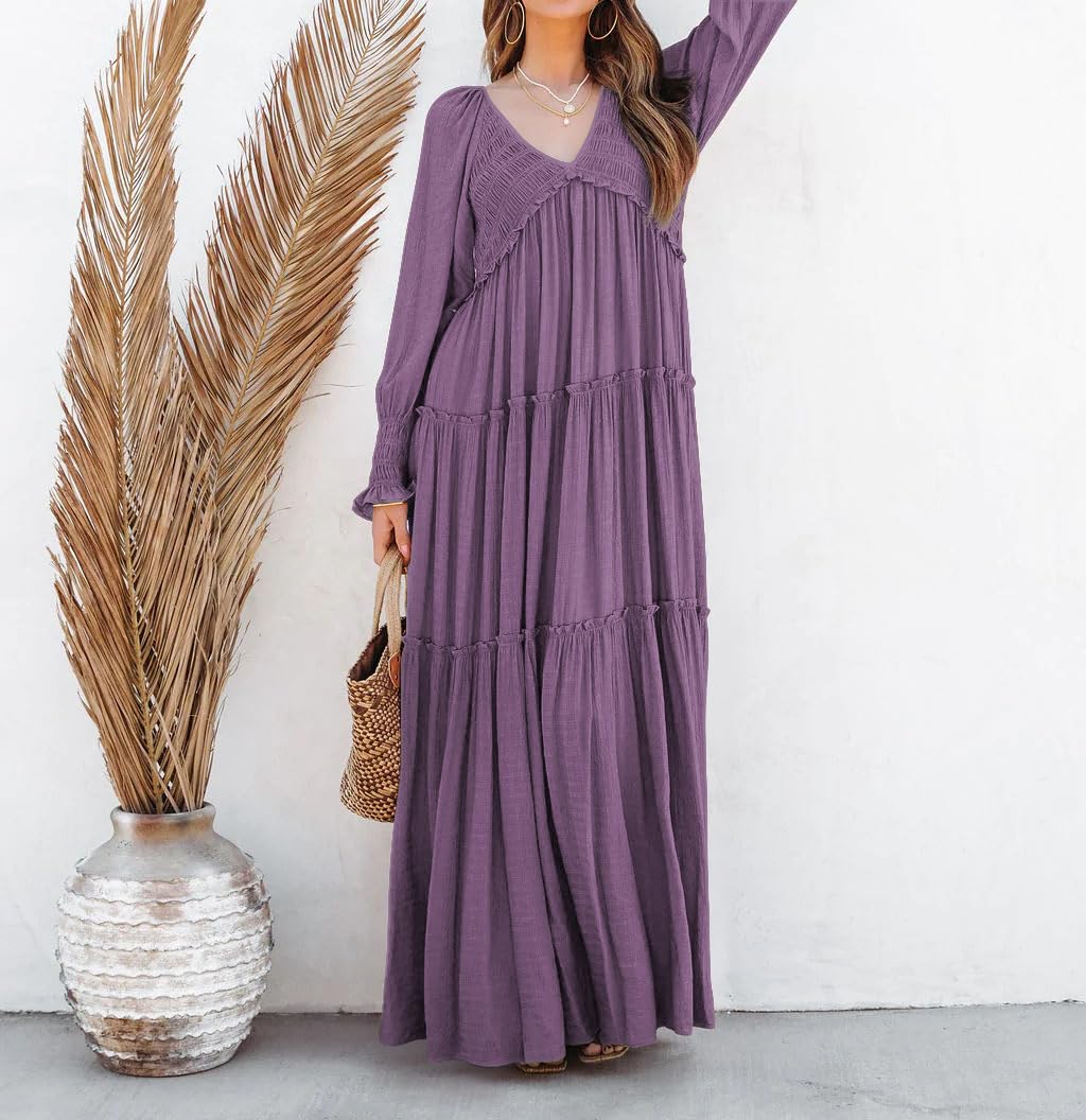 R.Vivimos Maxi Dress for Women Long Sleeve V Neck Empire Waist Layered Ruffle Boho Casual Flowy Long Dresses