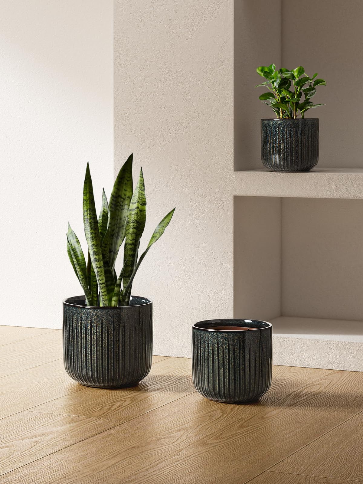 LE TAUCI Ceramic Pots for Plants, 8.3/7/6 Inch Indoor Planters with Drainage Holes & Mesh, Modern Glossy Glaze Cylinder Fluted Plant Pot for Snake Plant, Set of 3, Dark Olive