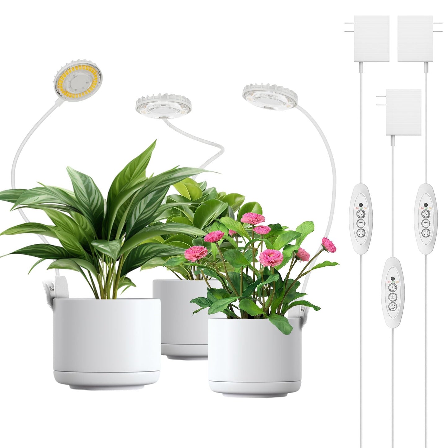 SGLEDs Plant Lights for Indoor Growing, Pot Clip on Grow Lights Full Spectrum, 12W Plant Growing Lamp with 4 Dimmable Levels, 360° Adjustable Grow Plant Lamp， Auto On/Off Timing 4/8/12H, White 3 Pack